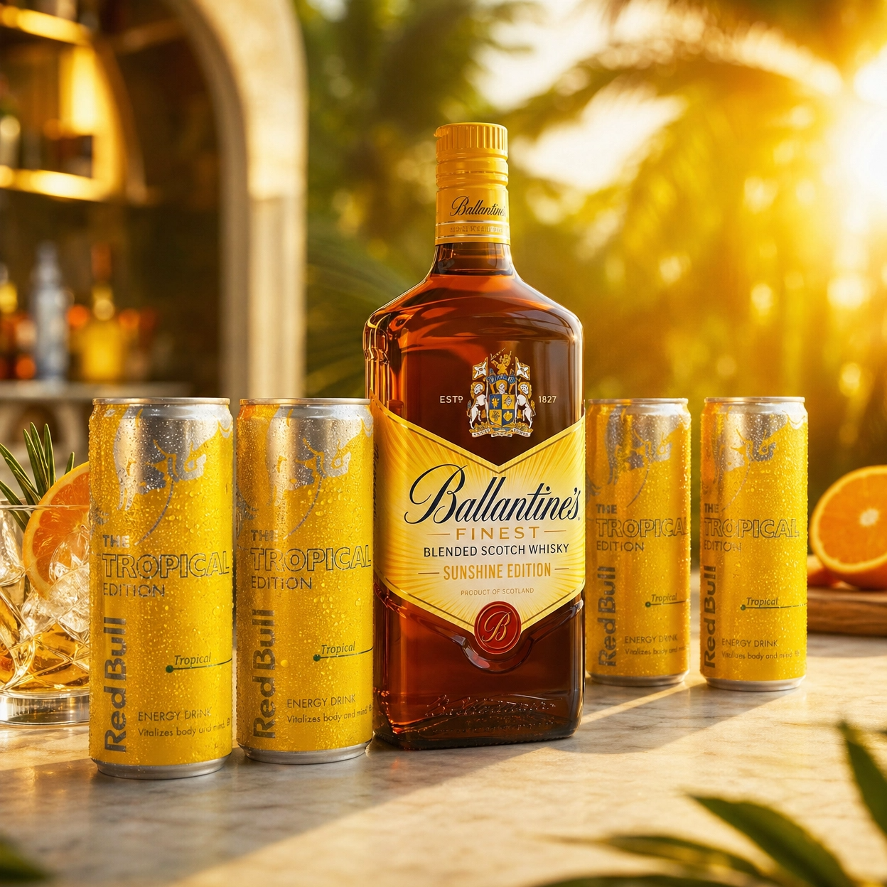 Combo Whisky Ballantines Sunshine + 4 Red Bull